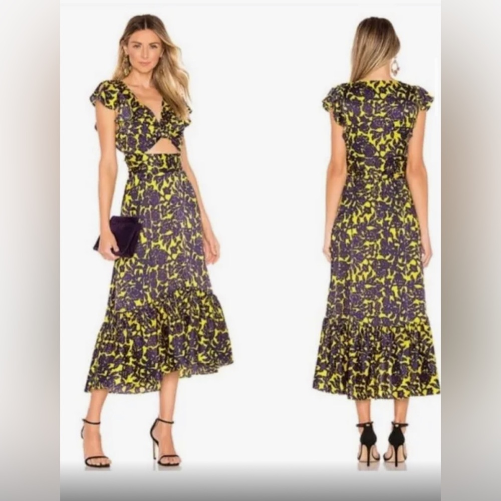 A.L.C. x Revolve Valencia Floral Yellow Purple Cutout Ruffle Sleeve Midi Dress